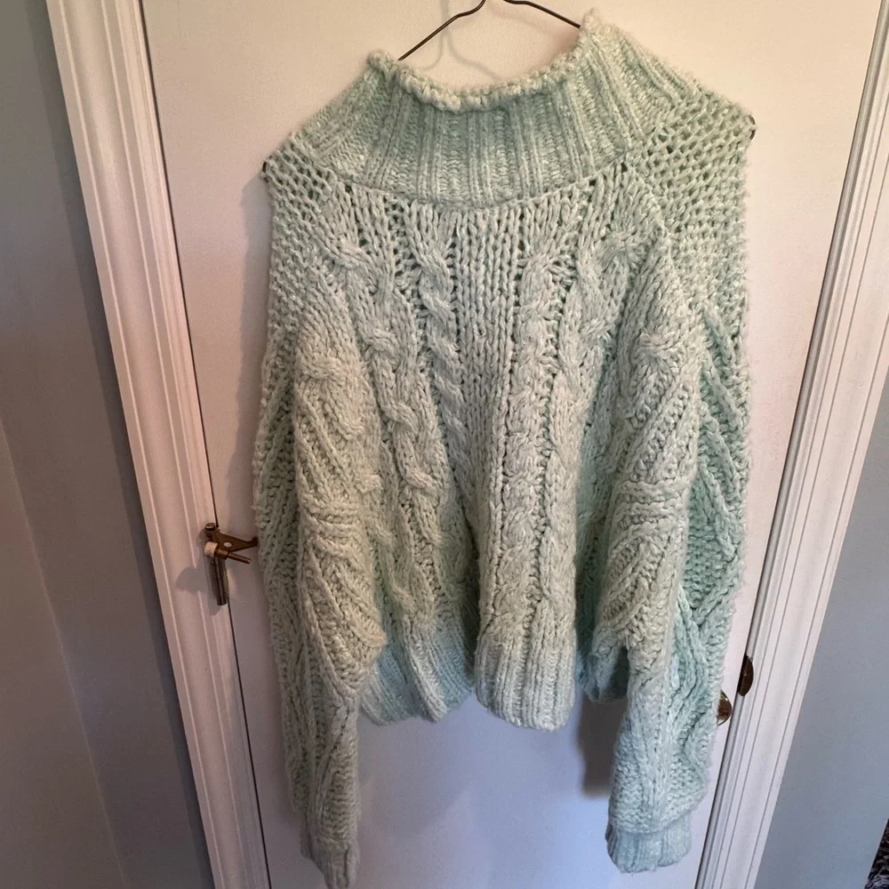 Anthropologie Light Green Cable Knit Turtleneck Sweater - Picture 4 of 6